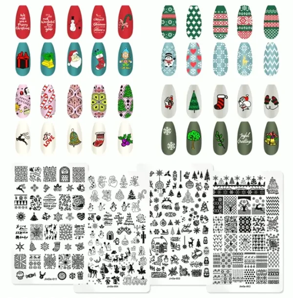 Quad Christmas Nail Stamp Plates Kit, Santa Claus, Bells, Snowflakes