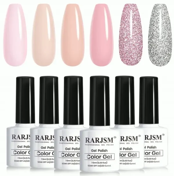 Natural Gel Polish Set: 6 Translucent Colors with Silver Pink Glitter - Small Size