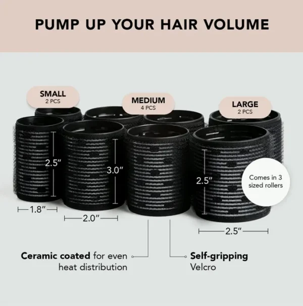 Ceramic Thermal Hair Rollers for Various Types - 8pcs Black