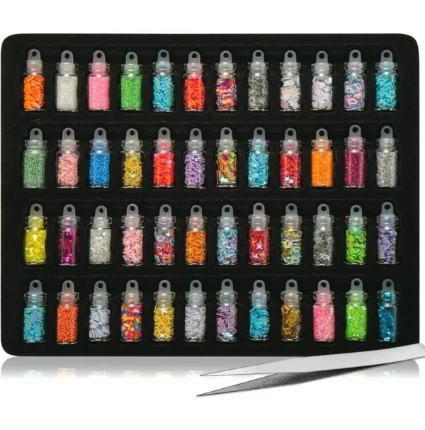 Nail Art Decoration Small Bottles - 48 Containers with Included Tweezers
